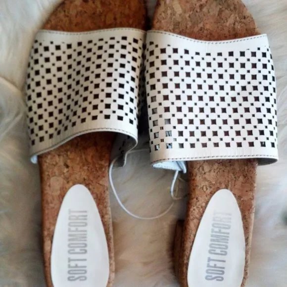 Soft Comfort White Wide Band Cork Heel Slip On Sandals Slides Slippers Size 8 - Picture 3 of 7
